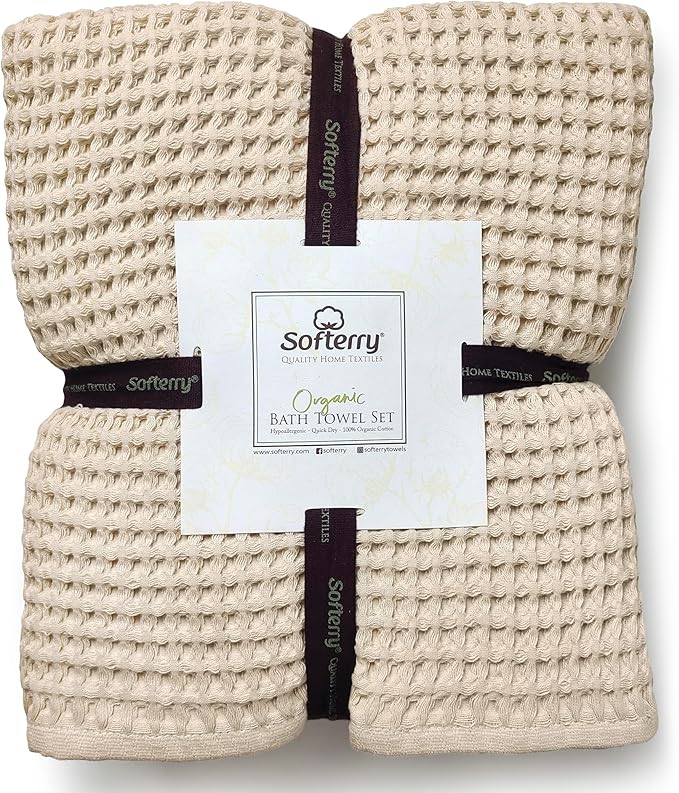 Softerry European Waffle Weave Bath Towel Set - 100% Organic Cotton - Quick Dry Lint Free Thin and Absorbent - Fade Resistant - Eco-Friendly (Set of 4 Bath, Natural)