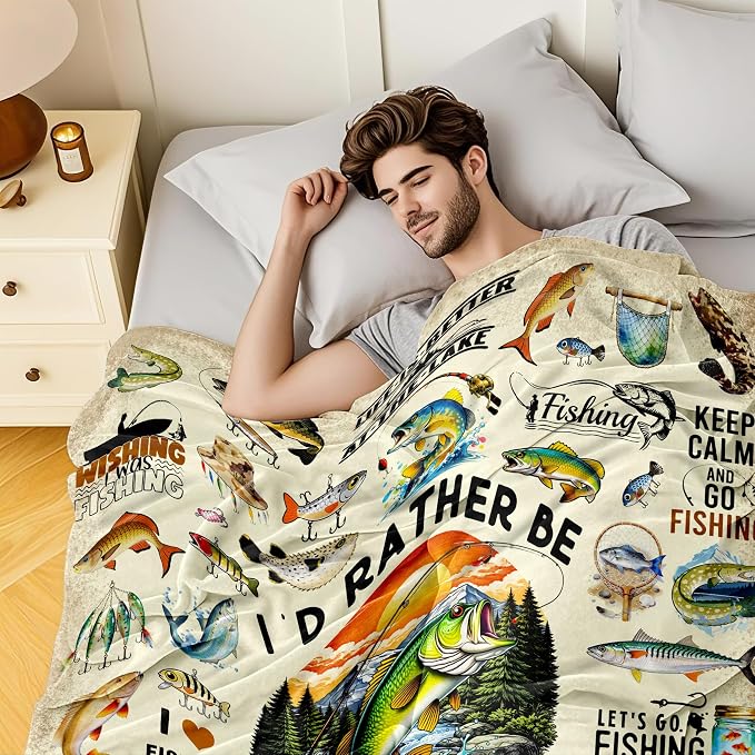 Fishing Blanket Gifts for Men Soft Flannel Fishing Throw Blanket Funny Fish Gift Merch Stuff for Boys Fisherman 50"X40"