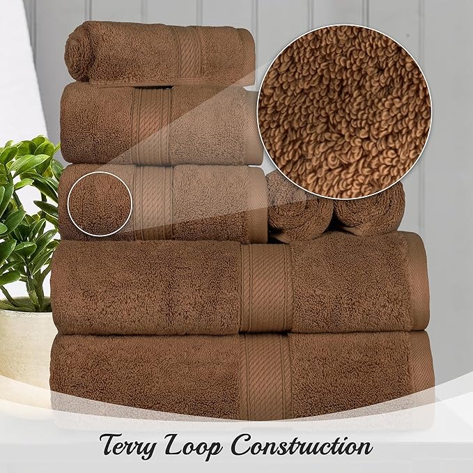 BNM Egyptian Cotton Heavyweight Towels, Ideal For Bathroom, Shower, Spa, Hotel, 800 GSM, Face/ Washcloths, Hand Towels, Bath Towels, Absorbent, Luxury Basics, 9 Piece Towel Set, Chocolate Dark Brown