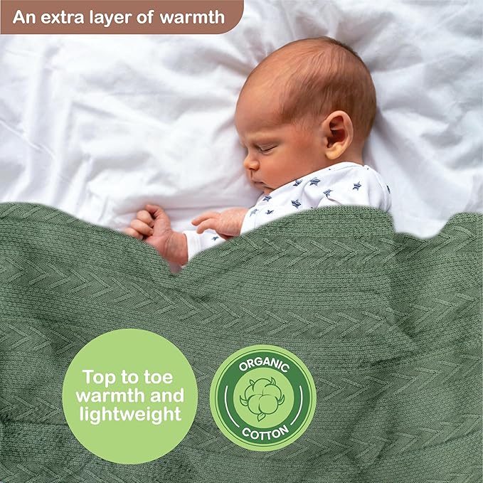 Organic Cotton Baby Blanket - 31.5 x 43.3 Inches, Soft Knitted Crib Blanket for Boys & Girls, Breathable Design (Green)