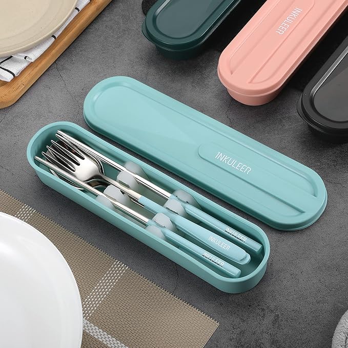 Travel cutlery set, 18/8 stainless steel cutlery, Reusable utensils set with case, Portable Silverware Lunch Box for Camping and Office (blue)