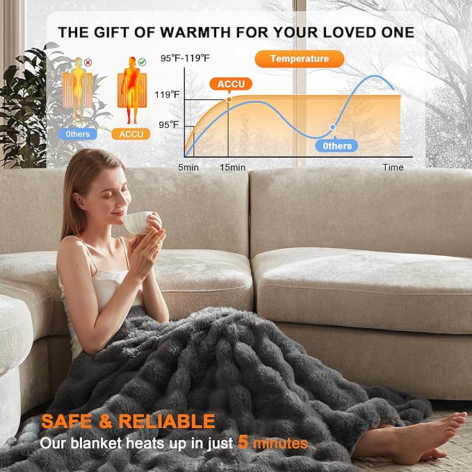 Heated Throw Blanket - Plush Thick Bubble Faux Fur Heated Blanket, Fast Heating Electric Blanket 6 Heating Levels & 4 Hours Auto-Off, Machine Washable, 50"x60", Dark Grey
