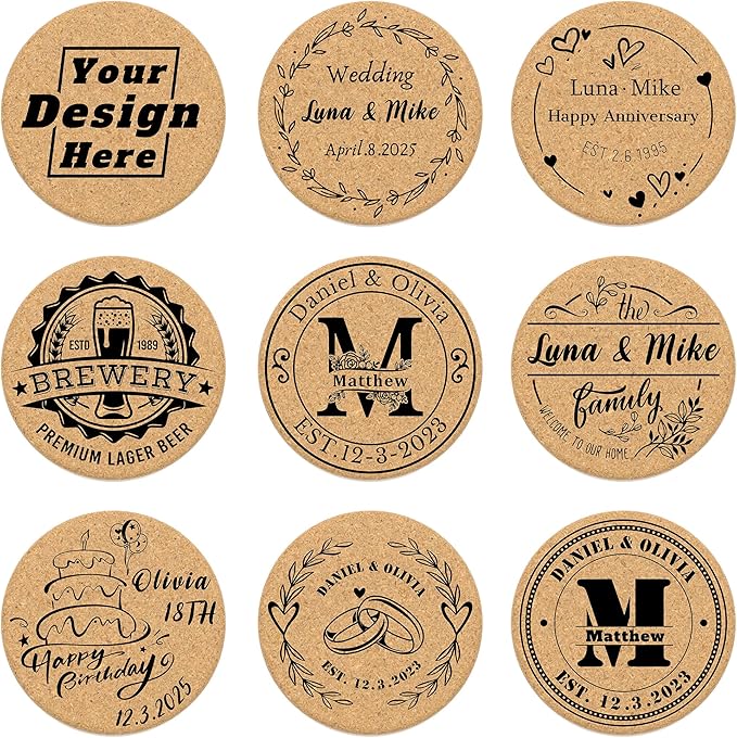 30 Custom Coasters, Personalized Cork Coaster Laser Engraved with Own Design Logo Text, Non-Slip Heat-Resistant Custom Cork Coaster for Wedding, Anniversary, Family Reunion Gifts (Round)