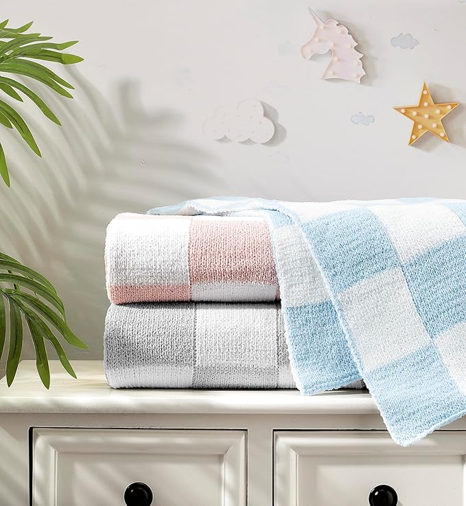 CREVENT 30"X40" Cozy Soft Warm Chenille Baby Blanket for Girls Boys, Newborn Essentials for Infant, Baby Shower Receiving Gift - Checked Pink 75X100cm