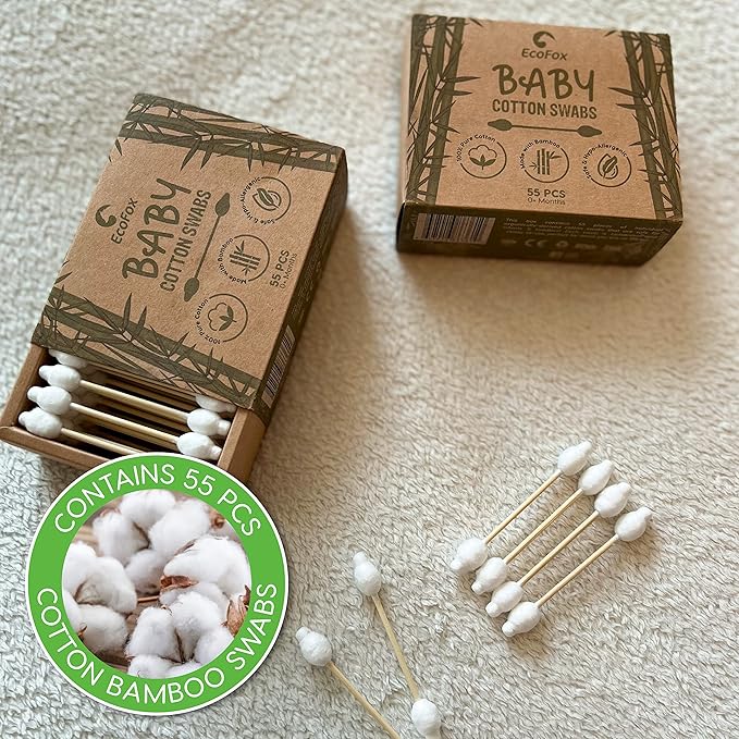 Baby Cotton Swabs 220 Count | Biodegradable & Organic Wooden Cotton Buds | Double Tipped Safety Sticks | 100% Eco-Friendly & Natural