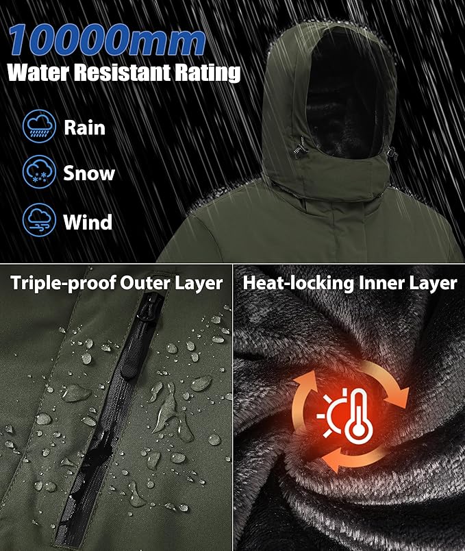 Mens Winter Snow Jacket Waterproof Ski Jackets Snowboard Rain Warm Coat Insulated Hood Fleece Lined
