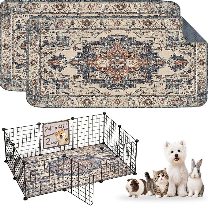 Washable Guinea Pig Pee Pads,Reusable Guinea Pig Cage Liner 2 Pack | Waterproof, Leak-Proof, Absorbent & Non-Slip, 24"x48" Bedding Potty Training Mat for Small Animal Rabbit Bunny Hamster Rat
