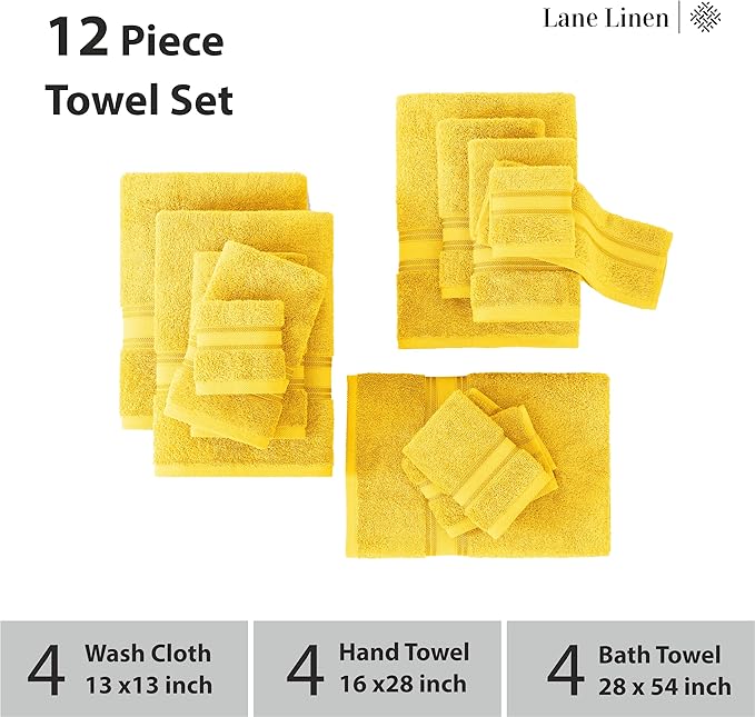 LANE LINEN 12 Pack Towels for Bathroom – 100% Ring-Spun Cotton, 4 Bath, 4 Hand & 4 Wash Cloth, Zero Twist Soft Towels, Oeko Tex Certified Hotel Quality Towel, Easy to Wash – Mimosa
