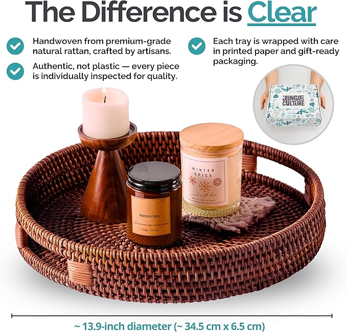 JUNGLE CULTURE Large Rattan Serving Tray 14" in Brown • Round Table Basket • Wicker Ottoman Trays with Handles for Coffee Table, Bed Side or Couch • Flat Circle Woven Tray • Boho Farmhouse Decor