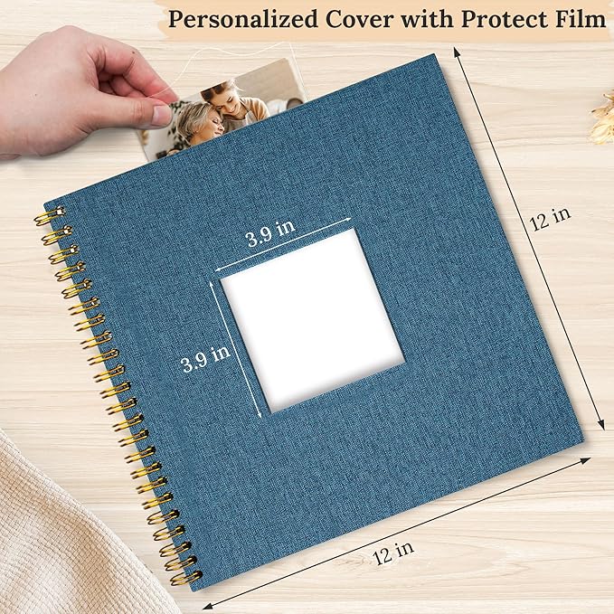 Scrapbook Photo Album Linen Cover, 12 x 12 Inch Hardcover Kraft White Pages Memory Book, for Travel Wedding Guest Book Christmas Baby Shower (40 Sheets/ 80 Pages,Blue)