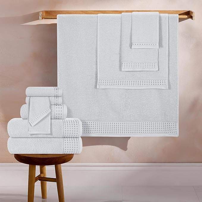 GLAMBURG Towels for Bathroom, 100% Cotton Towel Set, Contains 8 Soft Bath Towel, 8 Hand Towels, 8 Wash Cloths - Compact Absorbent Lightweight & Quickdry - 24 Piece Bathroom Towel Set - Light Grey