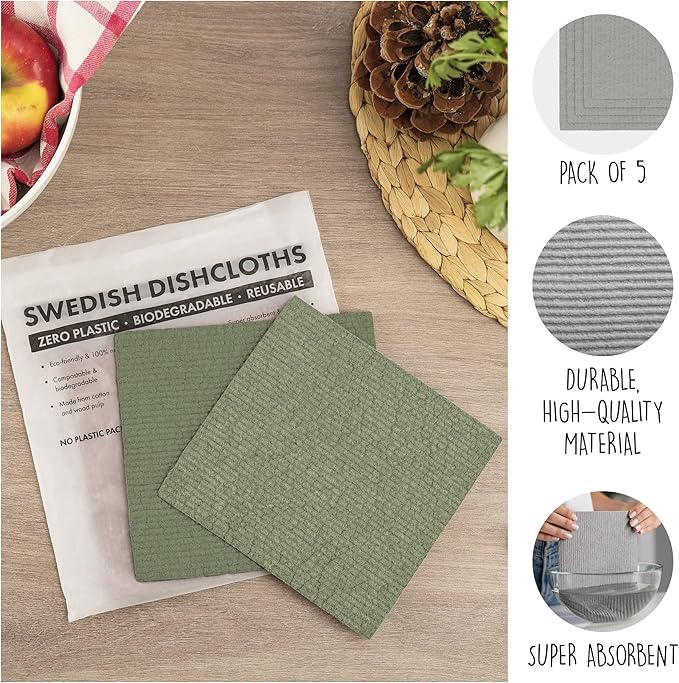 SUPERSCANDI 5 Pack Swedish Dishcloths for Kitchen - 100% Biodegradable & Compostable Reusable Paper Towels Washable, Food-Safe & Without Plastic - Dish Rags Suitable for Any Surface, Premium, Mix