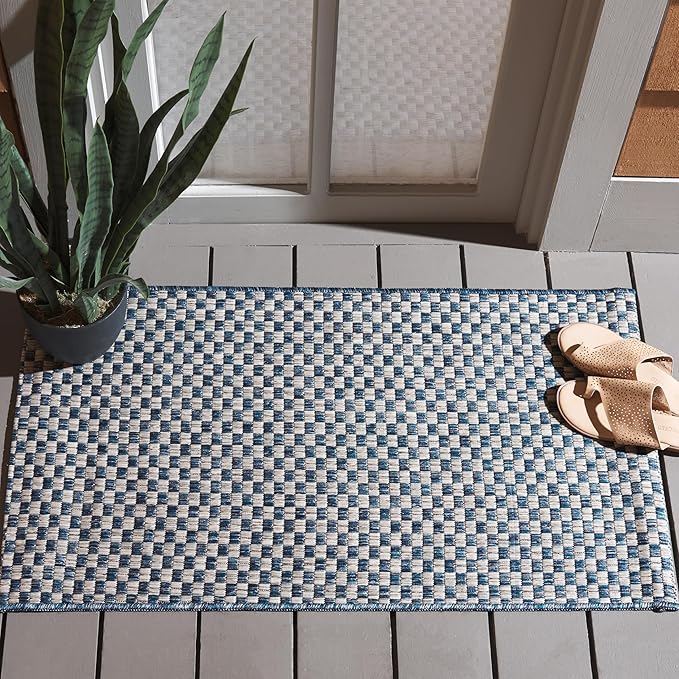 SAFAVIEH Washable Rug Outdoor Courtyard Collection - 2'3" x 5', Blue & Light Grey, Non-Shedding & Easy Cleaning, Ideal for Patio, Front Door, Entryway, Mudroom, Doormat (CY8653-36821)
