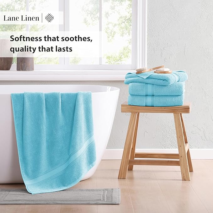 LANE LINEN Towel Set for Bathroom – 12-Pack 100% Ring-Spun Cotton, Zero Twist, Includes 4 Bath, 4 Hand & 4 Washcloth, Suitable for All Body Types, Soft & Quick Dry, Ideal for Airbnb & Spa - Blue