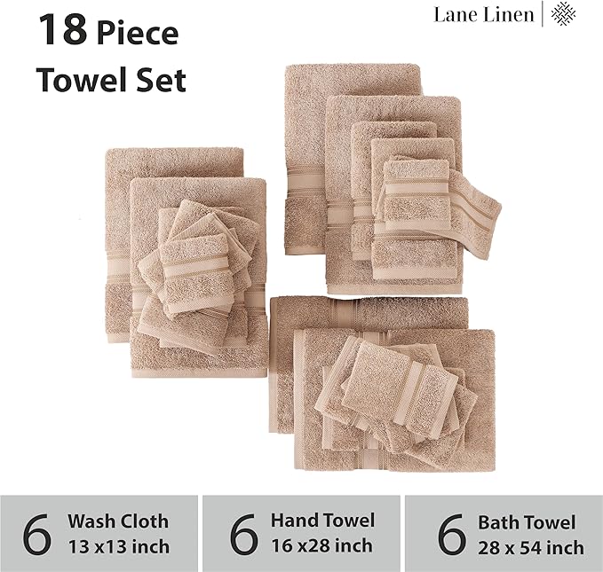 LANE LINEN Towel Set for Bathroom – 18-Pack 100% Ring-Spun Cotton, Zero Twist, Includes 6 Bath, 6 Hand & 6 Washcloth, Suitable for All Body Types, Soft & Quick Dry, Ideal for Airbnb & Spa - Tapue