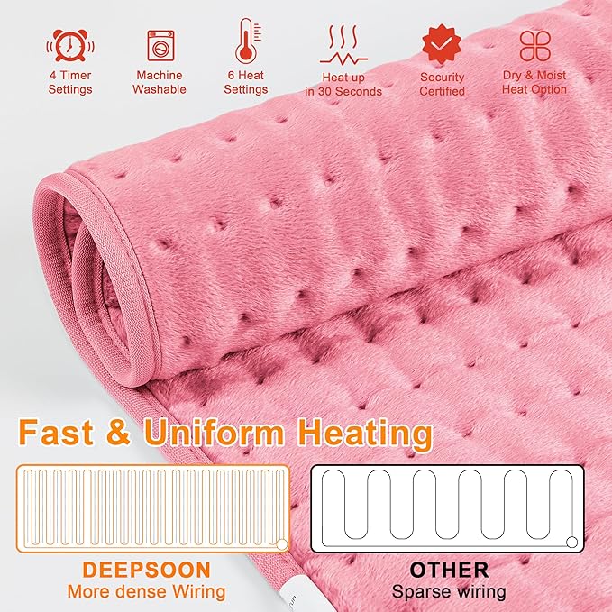 Deepsoon Heating Pad,Electric Heating Pads for Back,Neck,Abdomen,Moist Heating Pad for Shoulder,Knee,Arms,Legs,Dry/Moist Heat & Auto Shut Off,Christmas Gifts for Men and Women,BabyPink,24x12 Inch