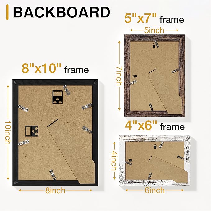 Vittanly 12 Pack Picture Frames Collage Wall Decor for Mounting or Tabletop Display, Multi Sizes Including 4pcs 8x10, 4pcs 5x7, 4pcs 4x6, Black, Brown and Distressed White