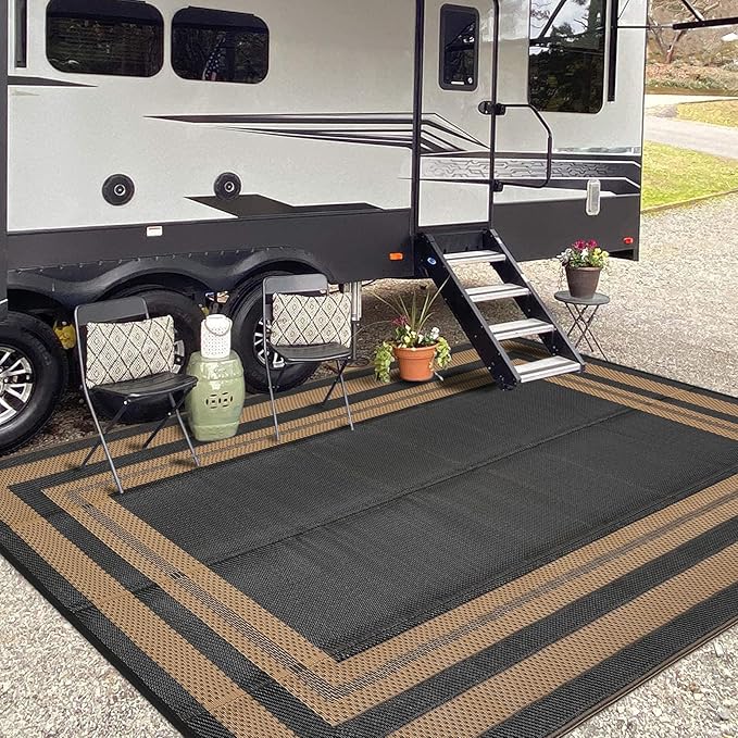 9x12 Outdoor Rug Waterproof Foldable Plastic Straw Carpet for Patio Porch Modern Border Reversible Mat Lightweight Floor Mat for Picnic, Backyard, Beach, Deck, Camper, Balcony，Black/Brown