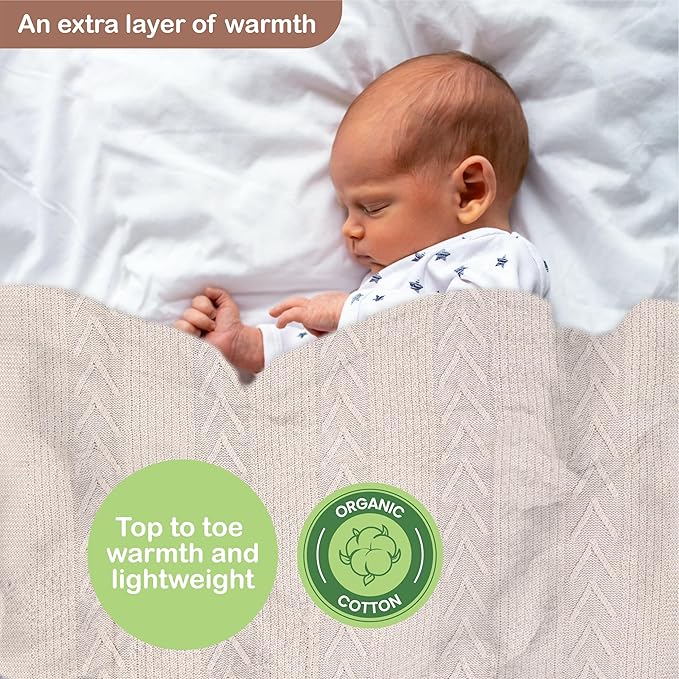 Organic Cotton Baby Blanket - 31.5 x 43.3 Inches, Soft Knitted Crib Blanket for Boys & Girls, Breathable Design (Beige)