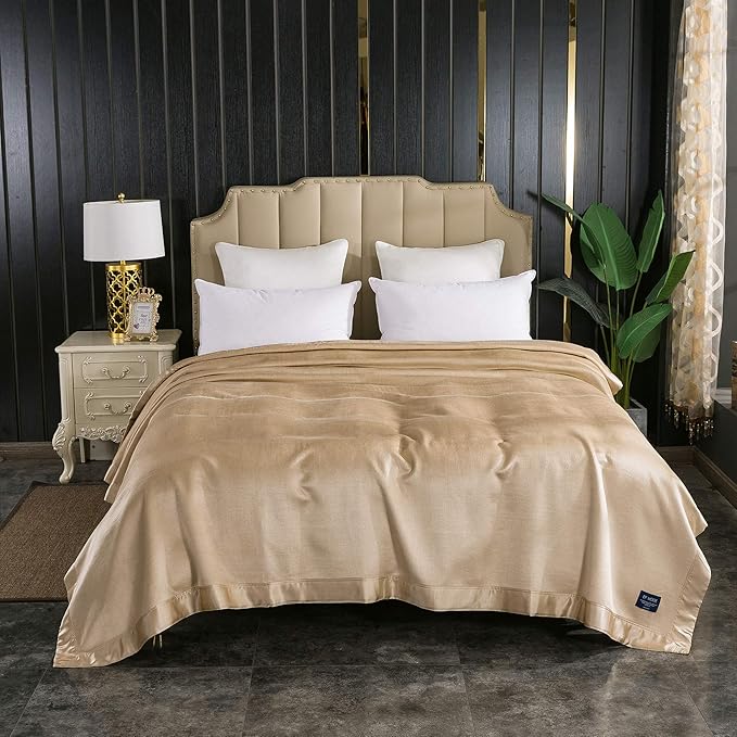 EP Mode Luxury Mulberry Silk Blanket with Silk Charmeuse Border (Rugby Tan, Twin 66" x 88")