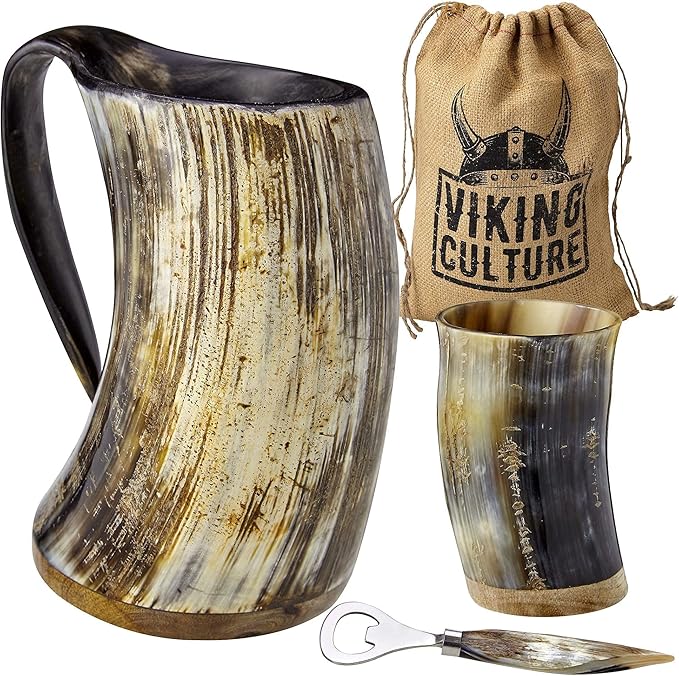 Viking Culture Ox Horn Mug, Shot Glass, and Bottle Opener (3 Pc. Set) Authentic 16-oz. Ale, Mead, and Beer Tankard | Vintage Stein with Handle - Natural Finish | Without Design