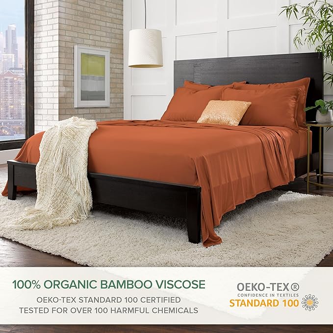 King Sheets by Pure Bamboo, Genuine 100% Organic Viscose Derived from Bamboo Bed Sheet Set, Luxuriously Soft & Cooling, Double Stitching, Lifetime Quality Promise (King, Terracotta)