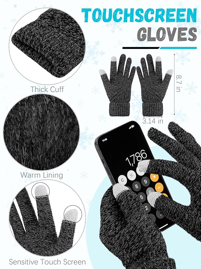 Winter Beanie Hat Scarf Gloves, Warm Fleece Knit Hats Touch Screen Gloves Neck Scarf Set Winter Gifts for Unisex Adult