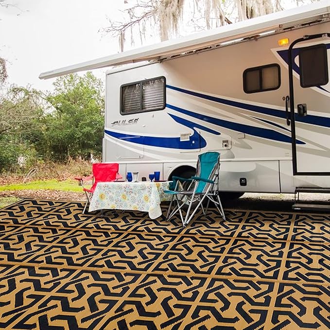 SAND MINE Reversible Mats, Plastic Straw Rug, Modern Area Rug, Large Floor Mat and Rug for Outdoors, RV, Patio, Backyard, Deck, Picnic, Beach, Camping, Trailer, Black & Brown, 9' x 18'