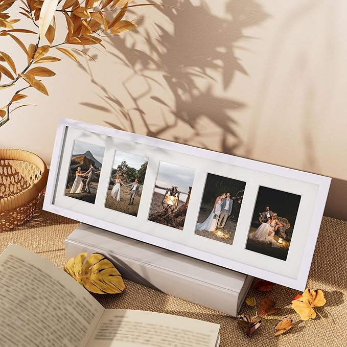 Vittanly 8x24 Collage Picture Frame, Displays 5Pcs 4x6 Pictures with Mat or 1Pcs 8x24 without Mat, Picture Frames Collage Wall Decor for Horizontal or Vertical Display, White, 1 Pack