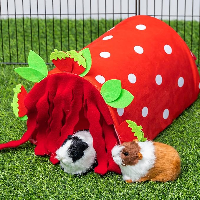Guinea Pig Hideout, Soft Fleece Strawberry Pet Bed & Tunnel House | Cute Small Animal Bedding Cage Accessories Indoor Also for Hedgehog, Chinchilla, Hamster Sleeping