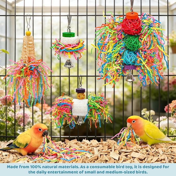 4PCS Bird Parrot Foraging Toys Parakeet Chewing Hanging Toy Shredded Paper Cage Accessories for Small Parrots Parakeets Conures Cockatiels Love Birds Cage Toy (4Pack)