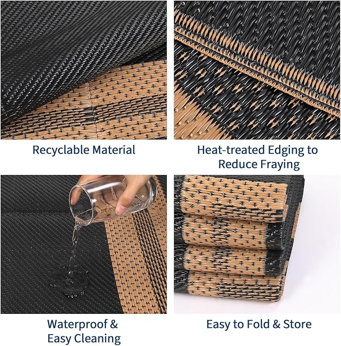 Patio Modern Border Outdoor Rug 10x14 Waterproof Large Reversible Camping Mat Foldable Lightweight Plastic Straw Outdoor Rug for Deck, Picnic, Porch, Camper, Balcony, Beach, Rv，Black/Brown
