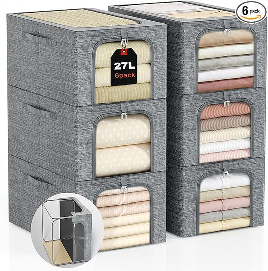 GoMaihe Clothes Storage Bins Metal Frame: 6-Pack Compact Stackable Closet Storage Bin with Lid & Clear Window, Space Saving Organizer for Sweaters Kids Clothing (Dorm/Closet 27L)