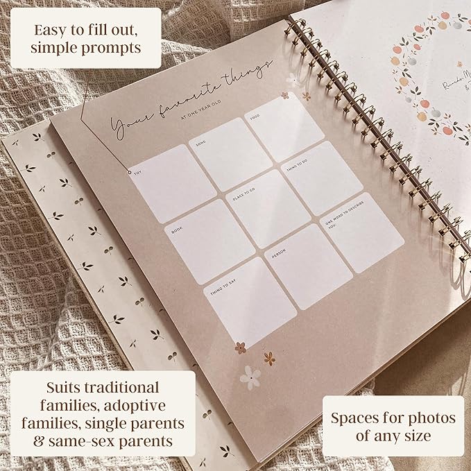 Peachly Baby Memory Book | Baby Book First Year Baby Book Keepsake for Milestones | Simple Cute Baby Scrapbook | Baby Books for Girl | Natural Linen - Clementine
