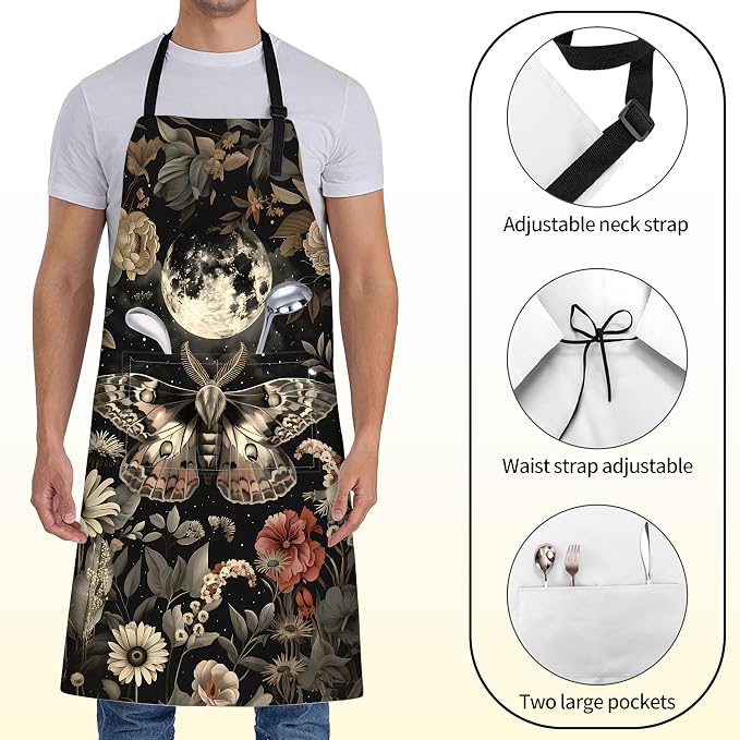 Mystical Moth Apron for Women with Moon,28x33in, Vintage Floral Kitchen Aprons with 2 Pockets,Oxford Fabric,Retro Adjustable Apron for Cooking Baking Gardening Chef,Gifts for Mom Wife