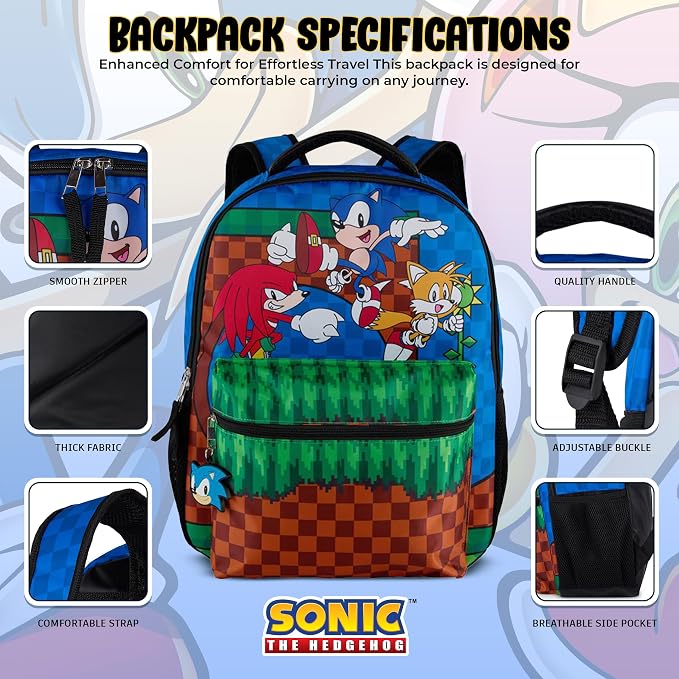 AI ACCESSORY INNOVATIONS Sonic The Hedgehog Backpack, Boys & Girls Featuring Sonic, Tails, and Knuckles,16” Bookbag w/Molded Sonic Dangle, Blue