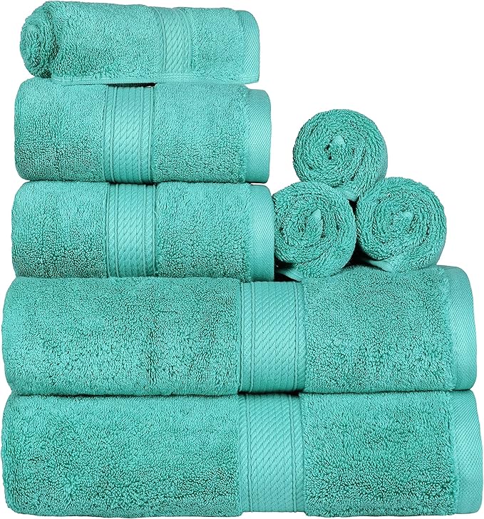 BLUENILEMILLS Madison Egyptian Cotton Towels, Towel Set for Bathroom, Shower, Hotel, Plush, 900 GSM, Highly Absorbent and Ultra-Soft Towels, Bath Essentials, 8 Piece Assorted Towel Set, Turquoise