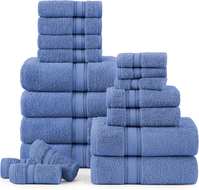 LANE LINEN Bathroom Towels Set of 18 – Zero Twist, 100% Ring-Spun Cotton, 6 Bath, 6 Handtowel & 6 Washcloths, Luxury Hotel Design, Perfect for Salon & Guests, Machine Washable – Cerulean Blue