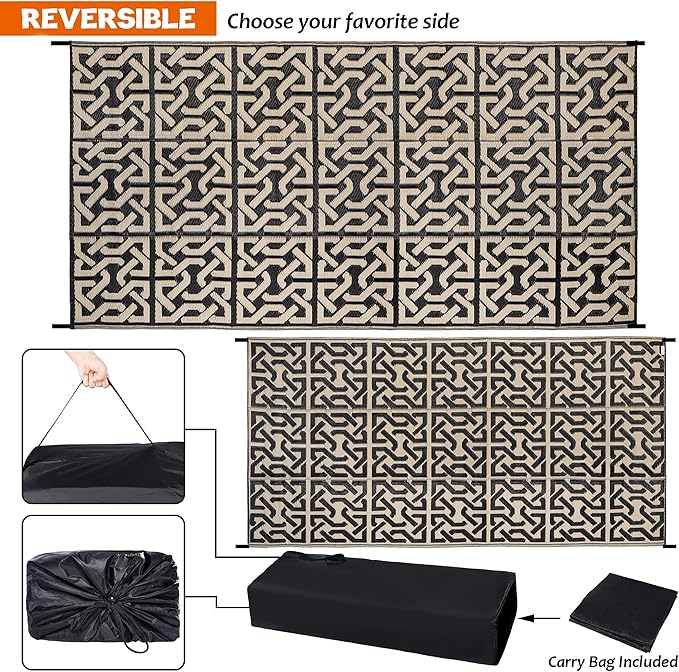 SAND MINE Reversible Mats, Plastic Straw Rug, Modern Area Rug, Large Floor Mat and Rug for Outdoors, RV, Patio, Backyard, Deck, Picnic, Beach, Camping, Trailer, Black & Beige, 9' x 18'