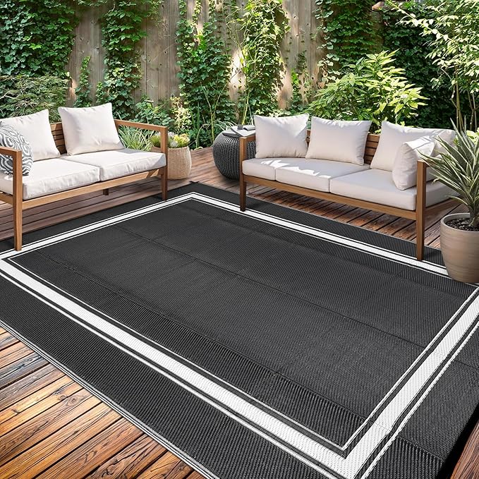 Outdoor Rugs 8x10 for Patio Waterproof Floor Mats Modern Bordered Plastic Straw Large Area Rugs Lightweight Reversible Mat Carpet for RV Backyard Balcony Porch Black/White