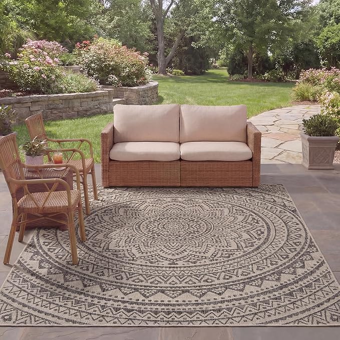 SAFAVIEH Courtyard Collection 8' x 11' Light Grey/Black CY8734 Indoor/ Outdoor Waterproof Easy Cleaning Patio Backyard Mudroom Area Rug