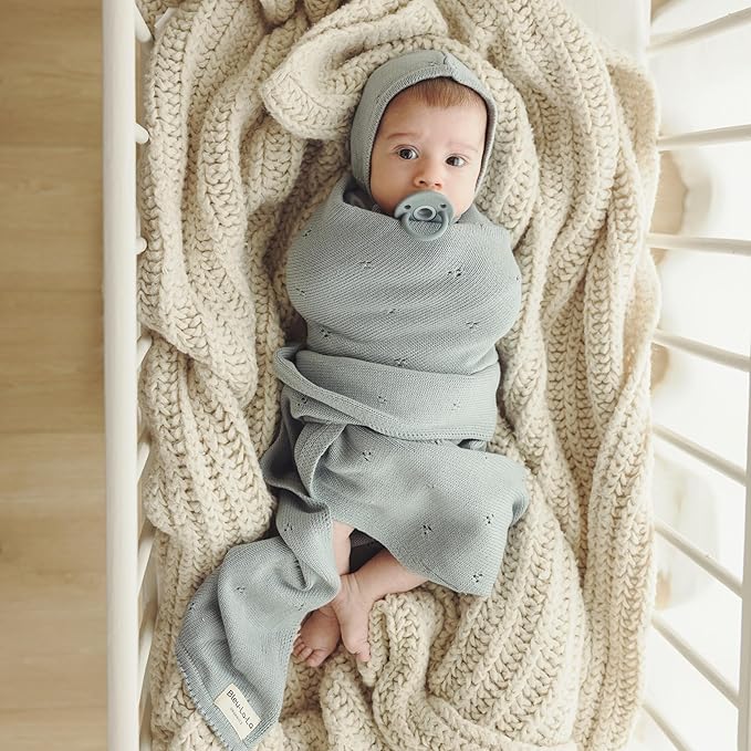 Organic Baby Blanket + Hat Gift Set for Boys - 100% Soft Luxury Cotton Receiving Swaddle Blanket + Bonnett Registry for Newborns & Infants (Powder Blue + Hat)