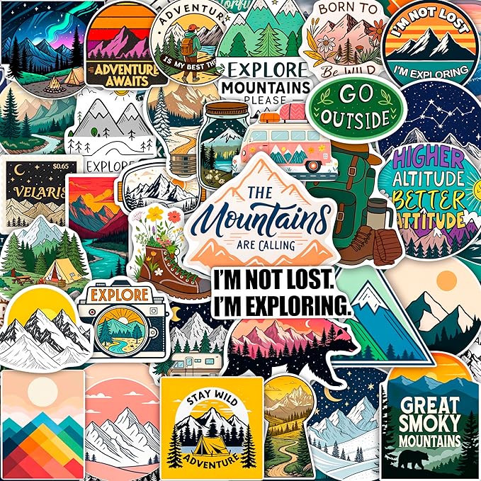 100Pcs Mountain Stickers for Scrapbooking, for Water Bottle, Laptop - Mountain Gifts & Party Decorations - Adventure, Camping Stickers, Nature Decals - Gift for Women & Men