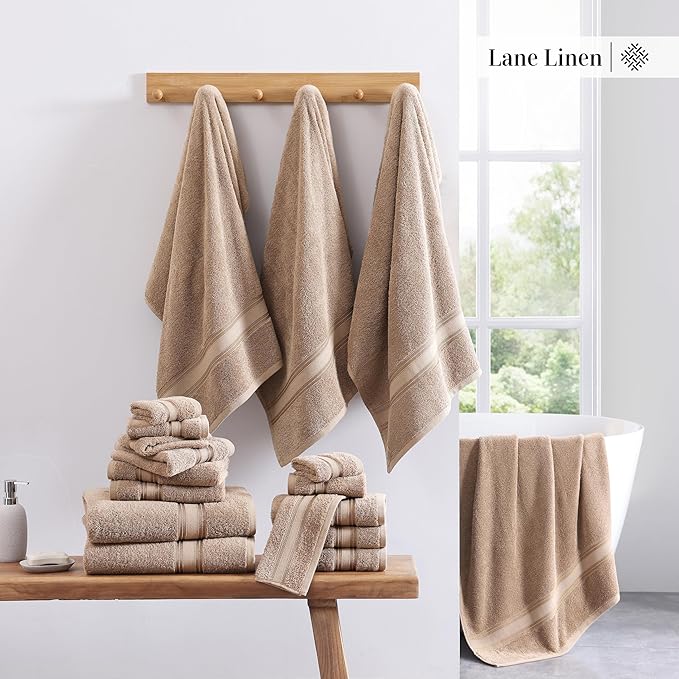 LANE LINEN Towel Set for Bathroom – 18-Pack 100% Ring-Spun Cotton, Zero Twist, Includes 6 Bath, 6 Hand & 6 Washcloth, Suitable for All Body Types, Soft & Quick Dry, Ideal for Airbnb & Spa - Tapue