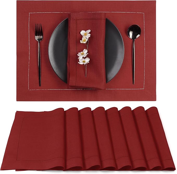 D'Moksha Homes Red Linen Placemats Set of 8 - Classic Hemstitch Placemats 14 x 19 Inch - 100% Pure Linen Table Mats for Fall, Thanksgiving, Christmas, Holiday - Handcrafted and Machine Washable