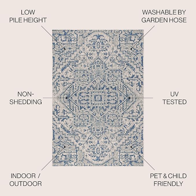 JONATHAN Y Boho Medallion Indoor Outdoor Square Area Rug 4X4 Navy/Gray, Estrella Textured Weave for Backyard, Patio, Porch, Easy-Cleaning, High Traffic, Pet-Friendly, Non-Shedding (SMB105B-4SQ)
