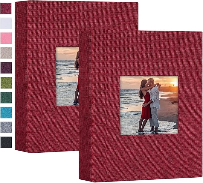 Mublalbum 2 Pack Small 4x6 Photo Album Linen Cover with Display Window Mini Picture Book Each Holds 52 Vertical Pockets for Artwork Postcards or Pictures Storage (Red)