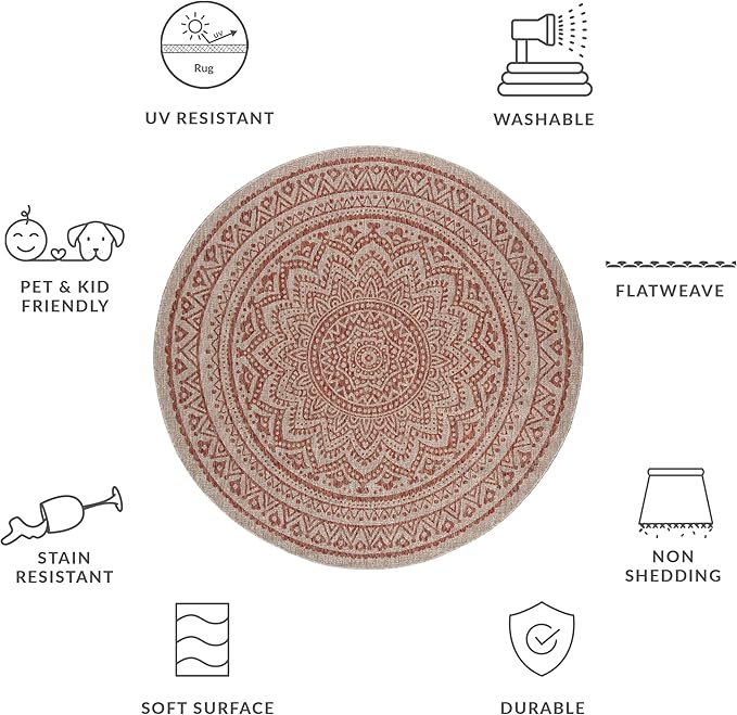 SAFAVIEH Washable Rug Outdoor Courtyard Collection - 6'7" Round, Light Beige & Terracotta, Non-Shedding & Easy Cleaning, Ideal for Patio, Backyard, Mudroom (CY8734-36512)