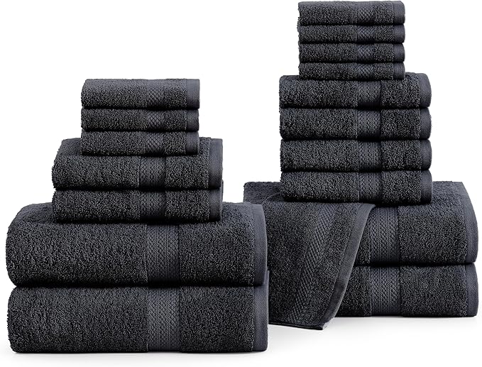 LANE LINEN 100% Ring Spun Cotton Black Bath Towel Set, 18PCs - 6 Hand, 8 Washcloths, 4 Shower Towels - Machine Washable & Sustainably Produced, Ultra Soft, Highly Absorbent & Pet Friendly
