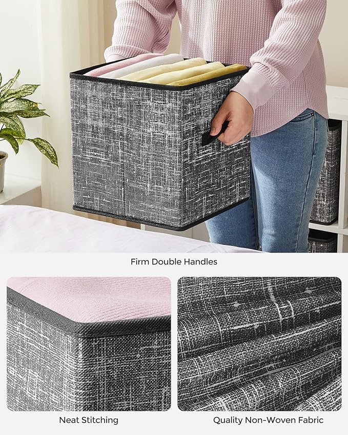 SONGMICS Storage Cubes, 11-Inch Non-Woven Fabric Bins with Double Handles, Set of 6, Closet Organizers for Shelves, Foldable, for Clothes, Classic Black UROB026B01
